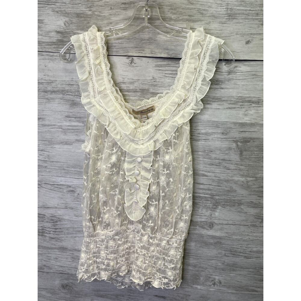 American Rag Cie Tank Top Womens L Ivory‎ Lace Sleeveless Sheer Ruffle